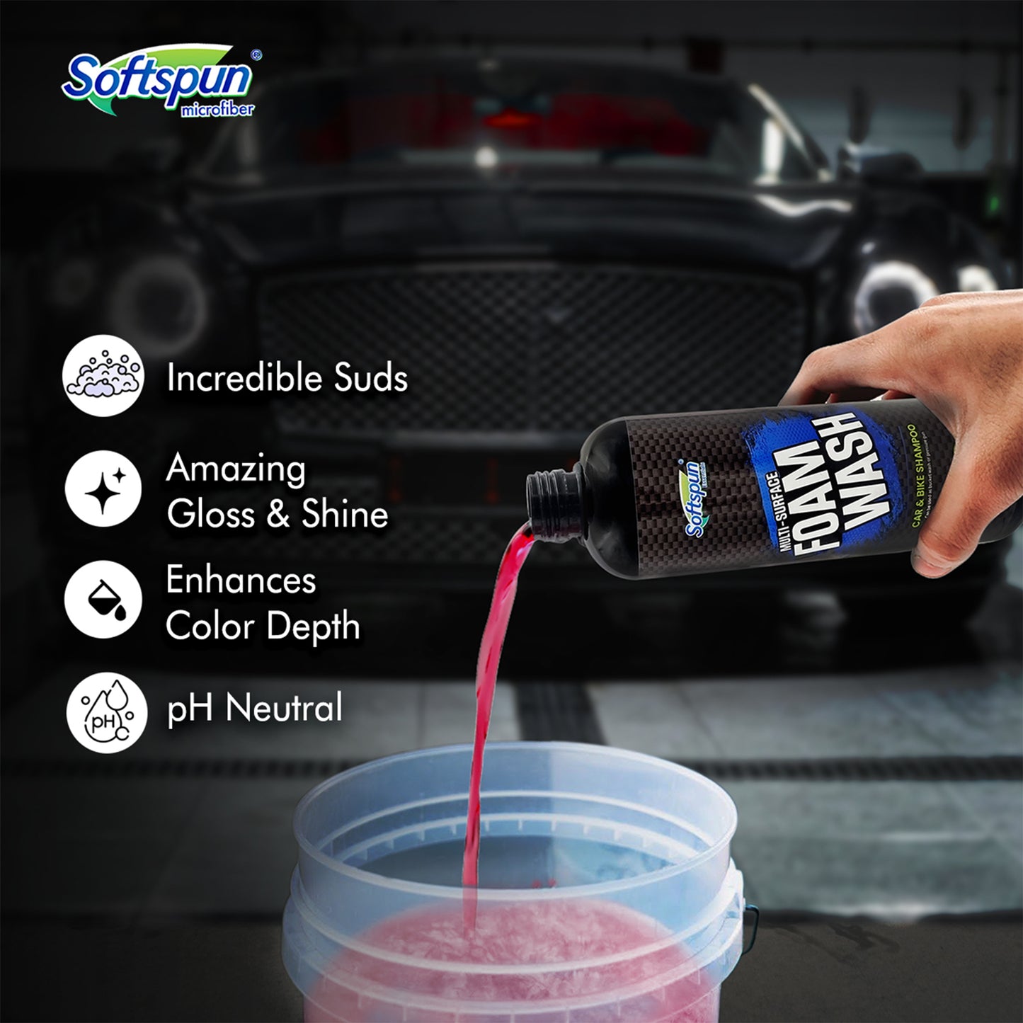 SOFTSPUN Microfiber 1200gsm 1pcs Grey 40x40cm + 500mL Car & Bike Premium Liquid Shampoo Combo | Extra Suds, Removes Tough Dirt & Grime | pH Neutral | Works with Bucket & Foam Cannon