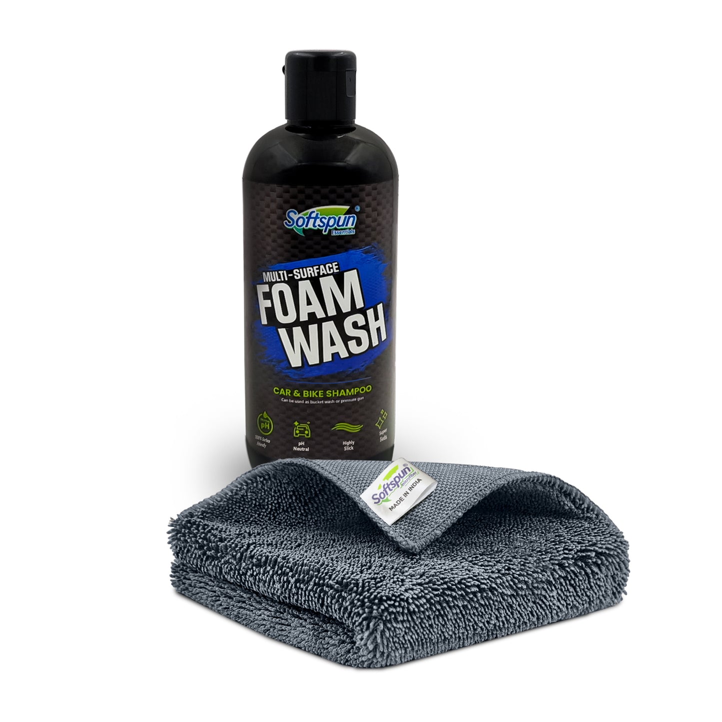 SOFTSPUN Microfiber 30x30cm 600gsm 1Pc Grey + 300mL Car & Bike Premium Liquid Shampoo Combo | Extra Suds, Removes Tough Dirt & Grime | pH Neutral | Works with Bucket & Foam Cannon