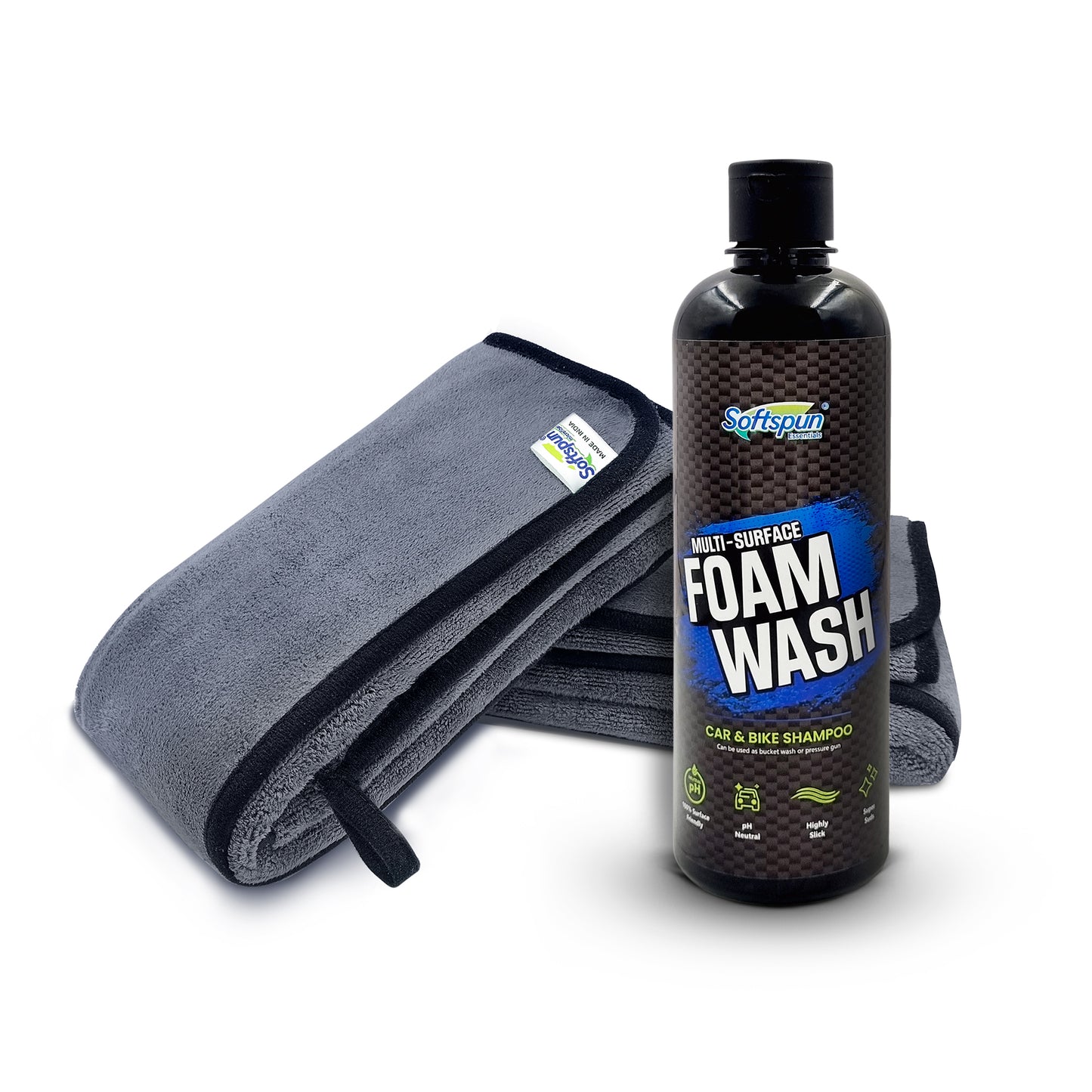 SOFTSPUN Microfiber 500gsm 2pcs Grey 35x75cm + 500mL Car & Bike Premium Liquid Shampoo Combo | Extra Suds, Removes Tough Dirt & Grime | pH Neutral | Works with Bucket & Foam Cannon