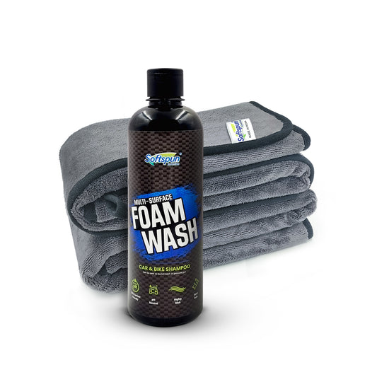 SOFTSPUN Microfiber 500gsm 2pcs Grey 35x75cm + 500mL Car & Bike Premium Liquid Shampoo Combo | Extra Suds, Removes Tough Dirt & Grime | pH Neutral | Works with Bucket & Foam Cannon
