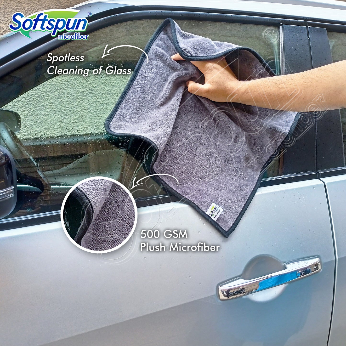 SOFTSPUN Microfiber Super Absorbent Cloth 500 GSM 40X40 cms Pack of 5 Grey! Silk Banded Edge Towel Set Extra Thick Microfiber Cleaning Cloths Perfect for Bike Auto Cars Both Interior and Exterior.