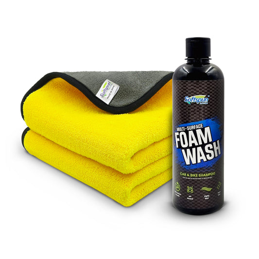 SOFTSPUN Microfiber 900gsm 2pcs 40x40cm Yellow+Grey + 500mL Car & Bike Premium Liquid Shampoo Combo | Extra Suds, Removes Tough Dirt & Grime | pH Neutral | Works with Bucket & Foam Cannon