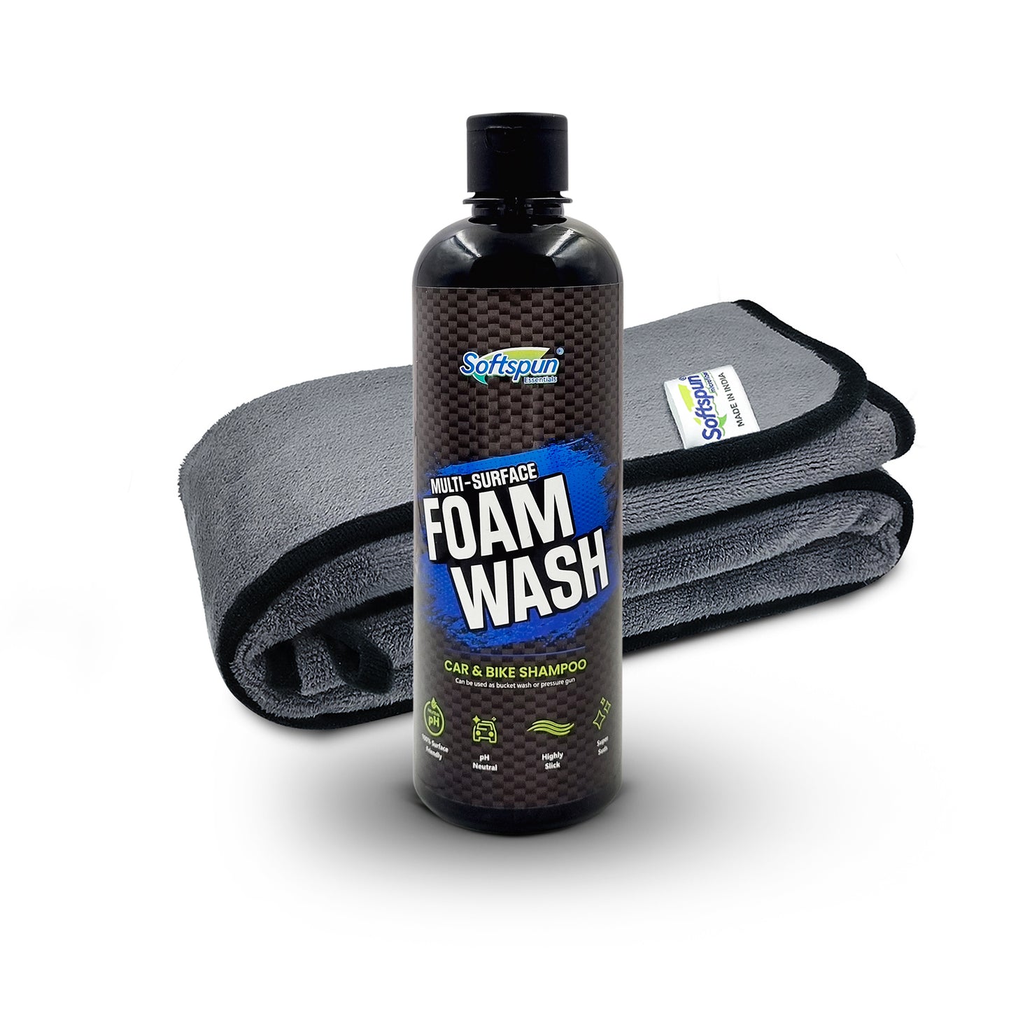 SOFTSPUN Essentials & Car Shampoo Combo | 500 gsm 35x75cm 1 Pc Grey+500mL Car & Bike Premium Liquid Shampoo | Thick Foam, Removes Tough Dirt & Grime | pH Neutral | Works with Bucket & Foam Cannon.
