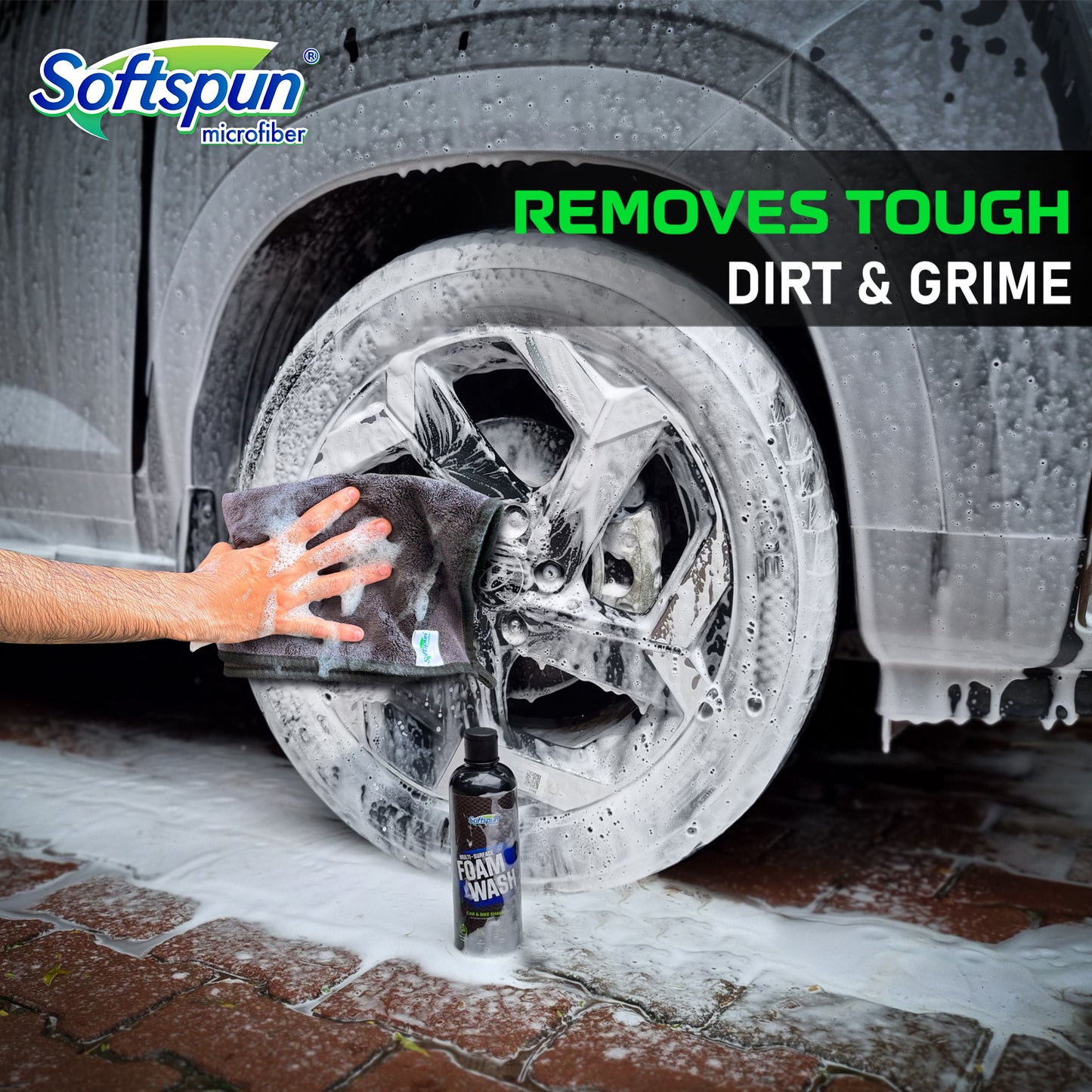 SOFTSPUN Essentials & Car Shampoo Combo | 500 gsm 35x75cm 1 Pc Grey+500mL Car & Bike Premium Liquid Shampoo | Thick Foam, Removes Tough Dirt & Grime | pH Neutral | Works with Bucket & Foam Cannon.