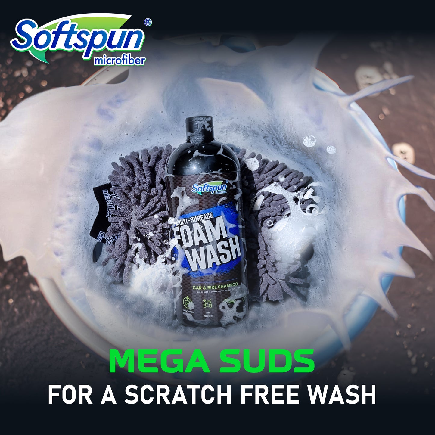 SOFTSPUN Essentials 1Ltr Car & Bike pH Neutral Premium Liquid Shampoo+1700gsm 1pc Double Side Glove Grey Combo | Extra Suds, Removes Tough Dirt & Grime | Works with Bucket & Foam Cannon