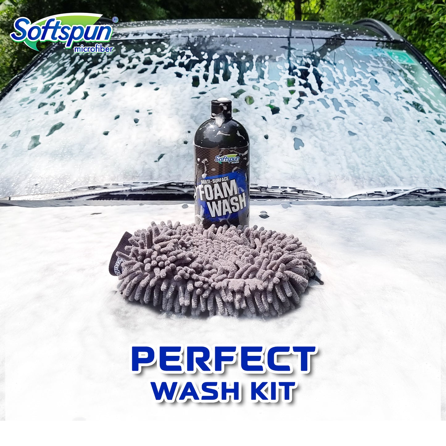 SOFTSPUN Essentials 1Ltr Car & Bike pH Neutral Premium Liquid Shampoo+1700gsm 1pc Double Side Glove Grey Combo | Extra Suds, Removes Tough Dirt & Grime | Works with Bucket & Foam Cannon