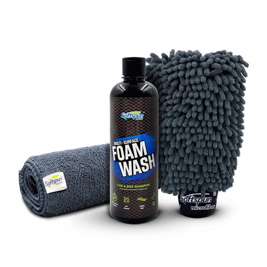 SOFTSPUN Microfiber 1pcs Grey 40x40cm 340gsm & 1 Glovs 1700gsm + 500mL Car & Bike Premium Liquid Shampoo Combo | Extra Suds, Removes Tough Dirt & Grime | pH Neutral | Works with Bucket & Foam Cannon