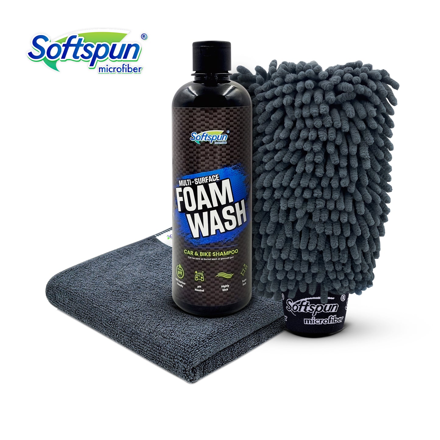 SOFTSPUN Microfiber 1pcs Grey 40x40cm 340gsm & 1 Glovs 1700gsm + 500mL Car & Bike Premium Liquid Shampoo Combo | Extra Suds, Removes Tough Dirt & Grime | pH Neutral | Works with Bucket & Foam Cannon