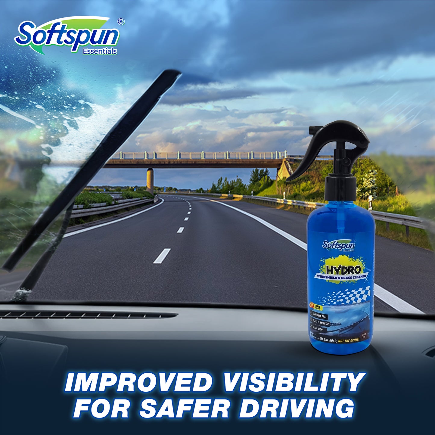 SOFTSPUN Essential Hydro Windshield & Glass Cleaner, 300ml, For Auto and Home, Streak-Free Shine on Windows, Windshields, Glass and Mirrors, Residue and Ammonia Free and Tint Safe. Improves Visibility