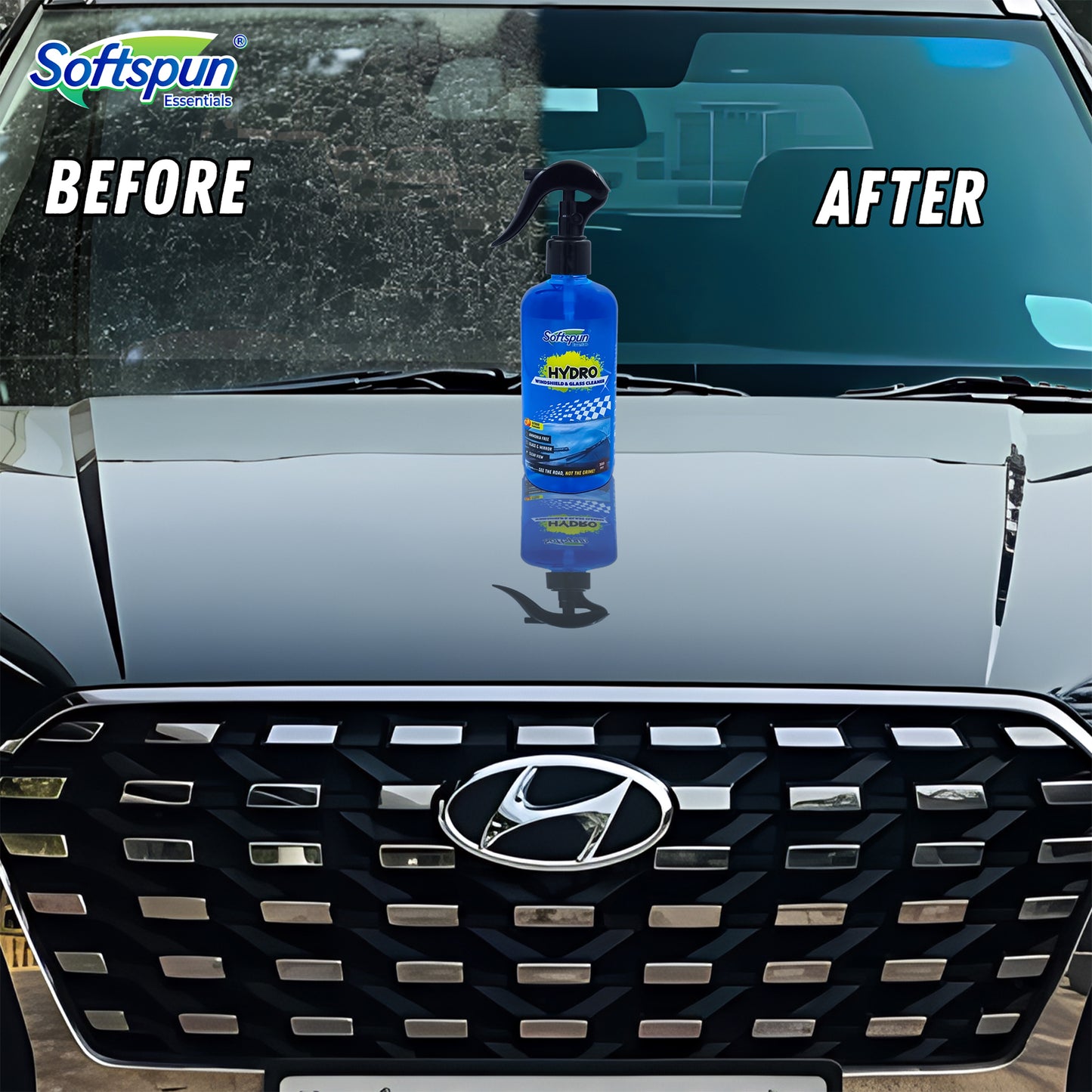 SOFTSPUN Essential Hydro Windshield & Glass Cleaner, 300ml, For Auto and Home, Streak-Free Shine on Windows, Windshields, Glass and Mirrors, Residue and Ammonia Free and Tint Safe. Improves Visibility