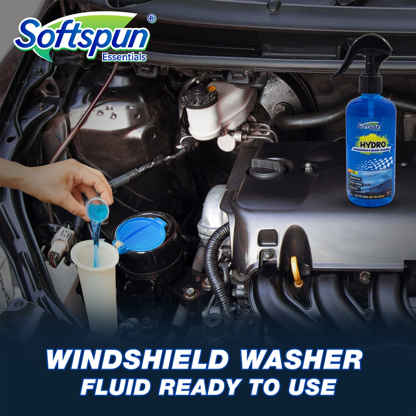 SOFTSPUN Essential Hydro Windshield & Glass Cleaner, 300ml, For Auto and Home, Streak-Free Shine on Windows, Windshields, Glass and Mirrors, Residue and Ammonia Free and Tint Safe. Improves Visibility