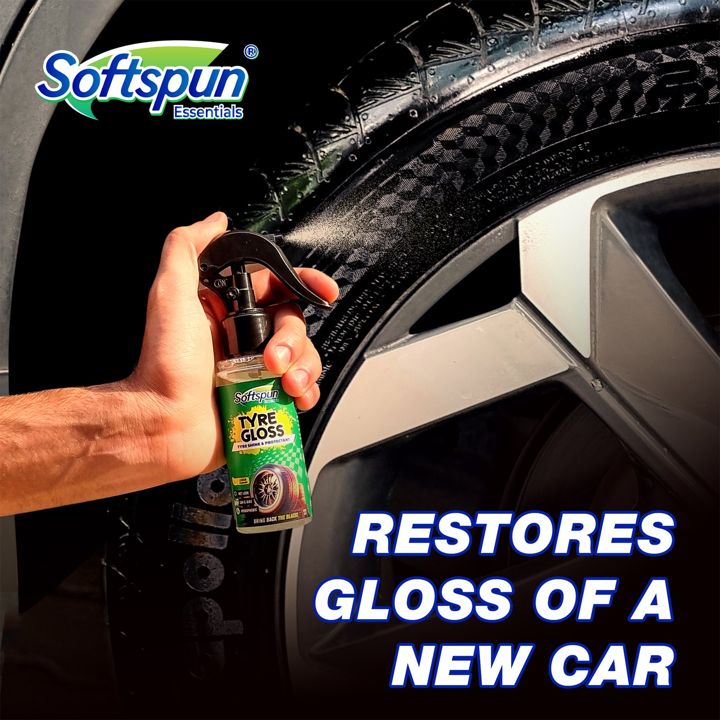 SOFTSPUN Essentials Car Clean & Wash Starter Kit - Made for Cars and Motorcycles 5 Piece Kit, Includes 200ml Shampoo, 100ml Windshield Washer,100ml Tyre Polish, 100ml Multi-Purpose Cleaner, 1 Foam