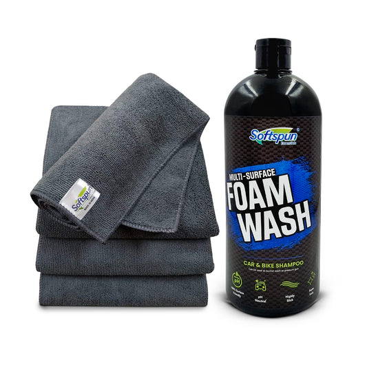 SOFTSPUN Essentials 1 ltr Car shampoo combo 40x40cm 340gsm 4pcs Grey! Car & Bike Premium Liquid Shampoo Combo | Extra Suds, Removes Tough Dirt & Grime | pH Neutral | Works with Bucket &Foam Cannon.