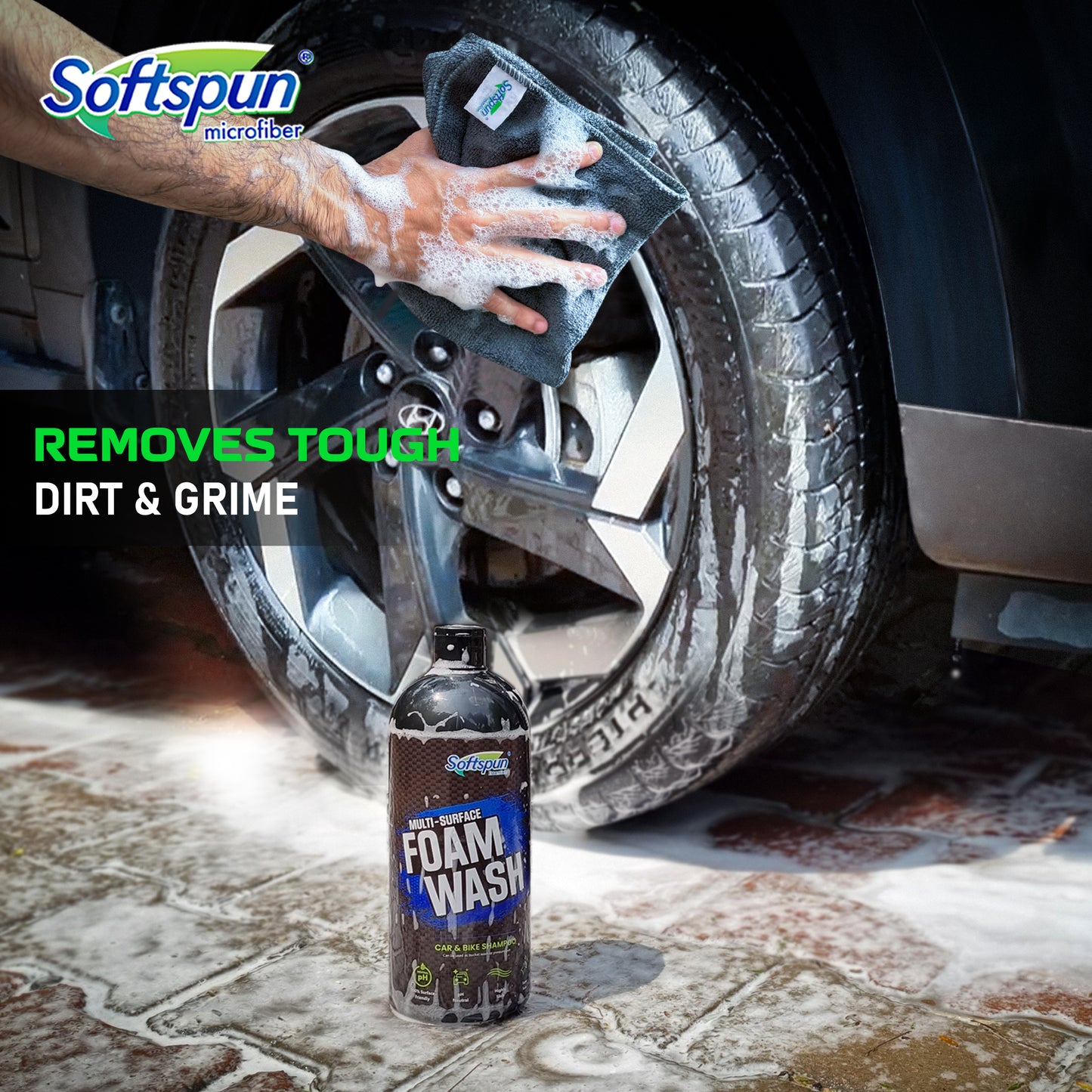 SOFTSPUN Essentials 1 ltr Car shampoo combo 40x40cm 340gsm 4pcs Grey! Car & Bike Premium Liquid Shampoo Combo | Extra Suds, Removes Tough Dirt & Grime | pH Neutral | Works with Bucket &Foam Cannon.