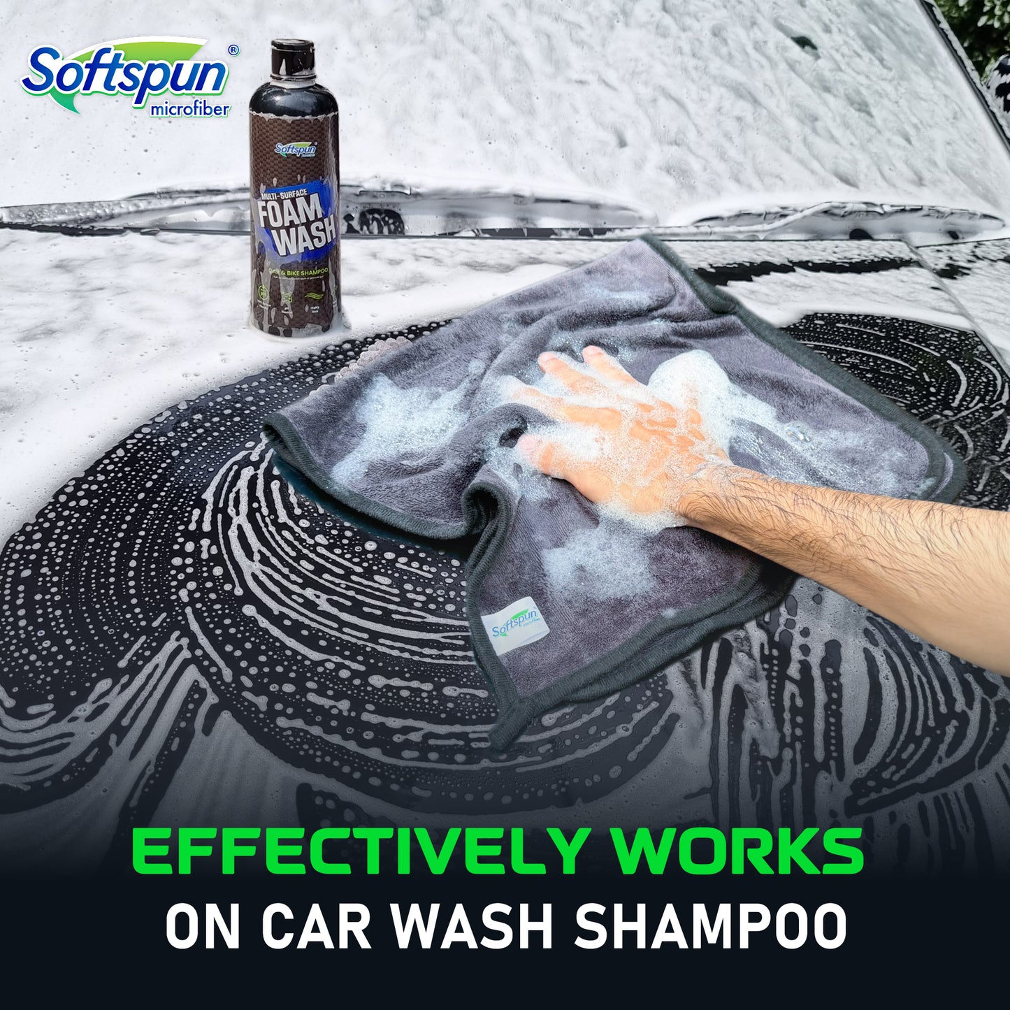 SOFTSPUN Microfiber 500gsm 2pcs Grey 35x75cm + 500mL Car & Bike Premium Liquid Shampoo Combo | Extra Suds, Removes Tough Dirt & Grime | pH Neutral | Works with Bucket & Foam Cannon