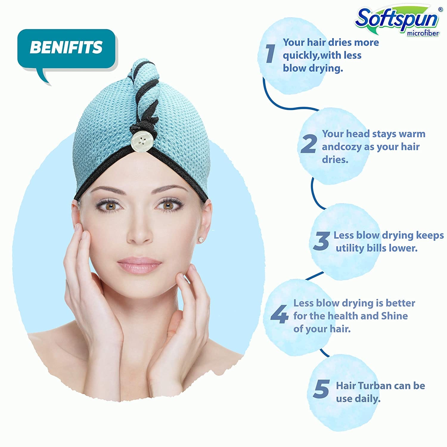 SOFTSPUN Microfiber Hair Cap Silk Banded Edge 1, Pcs -70X25cm, Super Absorbent Quick Dry Hair Turban for Drying All kinds of Hair - Straight or Curly short or Long Thin or Thick Hair.