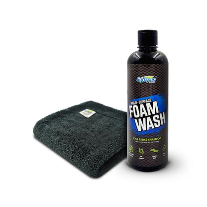 SOFTSPUN Microfiber 1200gsm 1pcs Grey 40x40cm + 500mL Car & Bike Premium Liquid Shampoo Combo | Extra Suds, Removes Tough Dirt & Grime | pH Neutral | Works with Bucket & Foam Cannon