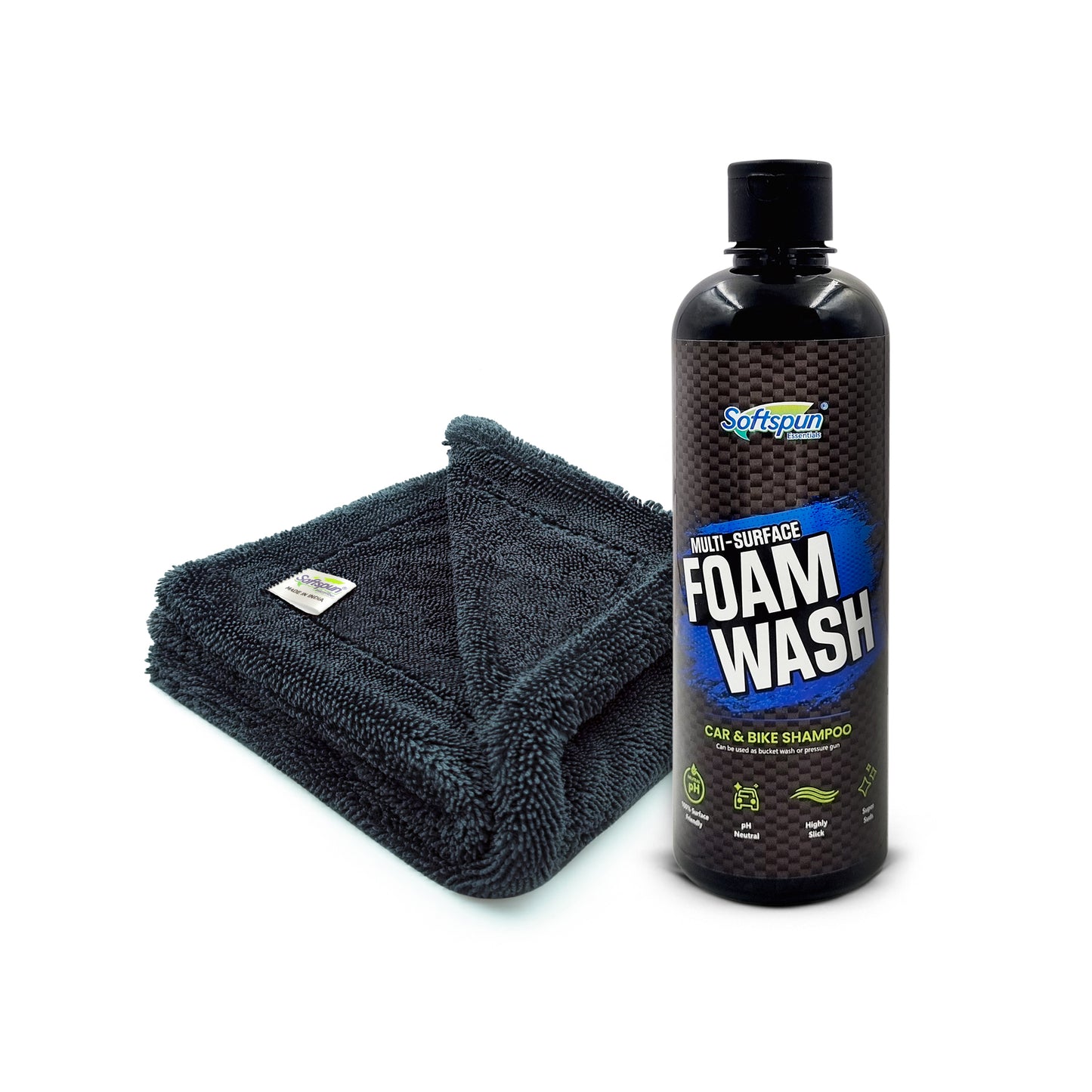 SOFTSPUN Microfiber 1200gsm 1pcs Grey 40x40cm + 500mL Car & Bike Premium Liquid Shampoo Combo | Extra Suds, Removes Tough Dirt & Grime | pH Neutral | Works with Bucket & Foam Cannon