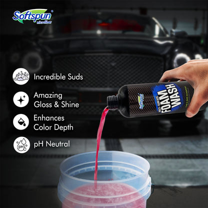 SOFTSPUN Microfiber 1200gsm 1pcs Grey 40x40cm + 500mL Car & Bike Premium Liquid Shampoo Combo | Extra Suds, Removes Tough Dirt & Grime | pH Neutral | Works with Bucket & Foam Cannon