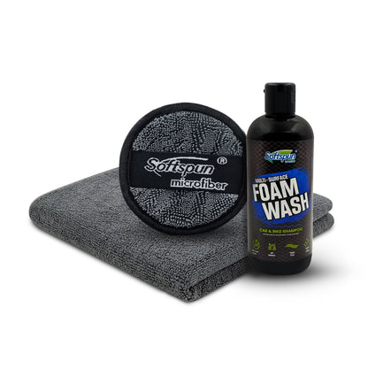 SOFTSPUN Microfiber 40X40cm 340gsm Grey & Polish Pad 600gsm 1Pcs+300mL Car & Bike Premium Liquid Shampoo Combo | Extra Suds, Removes Tough Dirt & Grime | pH Neutral | Works with Bucket, Foam & Cannon