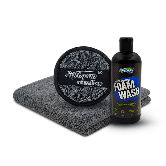 SOFTSPUN Microfiber 40X40cm 340gsm Grey & Polish Pad 600gsm 1Pcs+300mL Car & Bike Premium Liquid Shampoo Combo | Extra Suds, Removes Tough Dirt & Grime | pH Neutral | Works with Bucket, Foam & Cannon