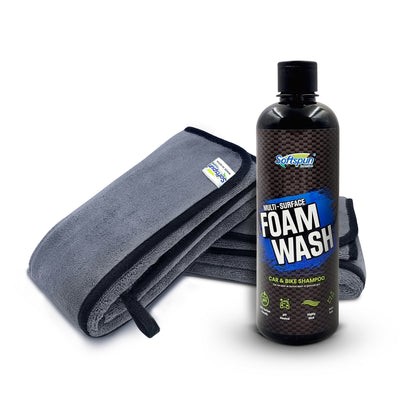 SOFTSPUN Microfiber 500gsm 2pcs Grey 35x75cm + 500mL Car & Bike Premium Liquid Shampoo Combo | Extra Suds, Removes Tough Dirt & Grime | pH Neutral | Works with Bucket & Foam Cannon