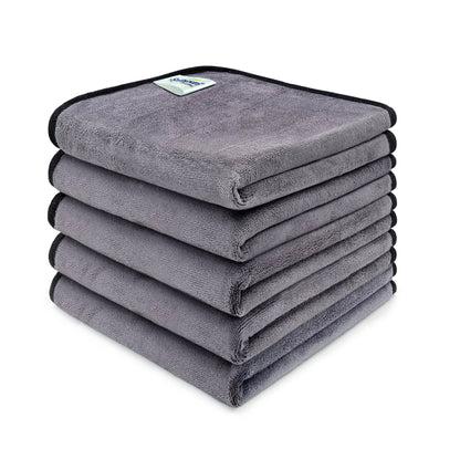 SOFTSPUN Microfiber Super Absorbent Cloth 500 GSM 40X40 cms Pack of 5 Grey! Silk Banded Edge Towel Set Extra Thick Microfiber Cleaning Cloths Perfect for Bike Auto Cars Both Interior and Exterior.