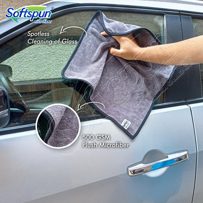 SOFTSPUN Microfiber Super Absorbent Cloth 500 GSM 40X40 cms Pack of 5 Grey! Silk Banded Edge Towel Set Extra Thick Microfiber Cleaning Cloths Perfect for Bike Auto Cars Both Interior and Exterior.