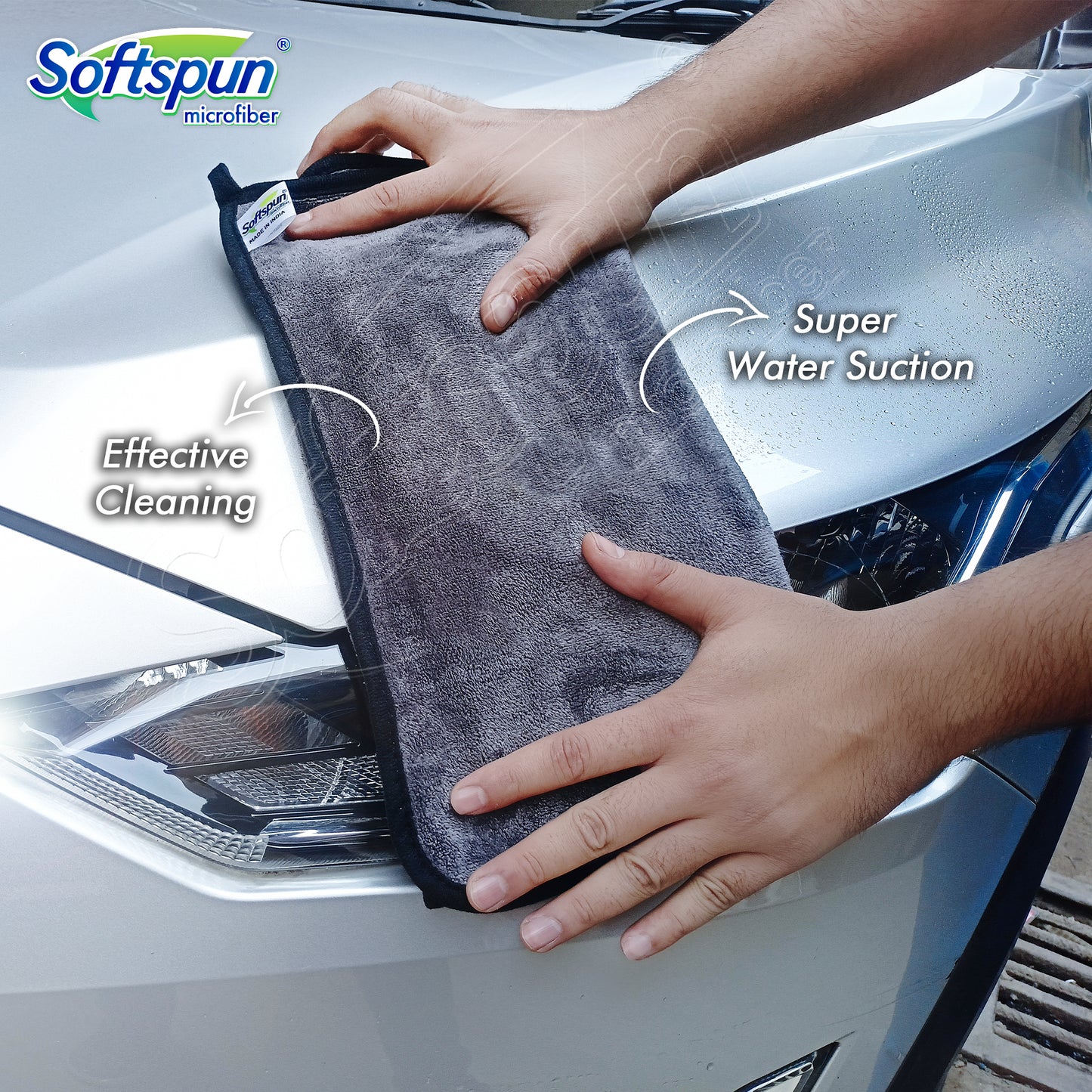 SOFTSPUN Microfiber Super Absorbent Cloth 500 GSM 40X40 cms Pack of 5 Grey! Silk Banded Edge Towel Set Extra Thick Microfiber Cleaning Cloths Perfect for Bike Auto Cars Both Interior and Exterior.