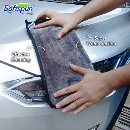 SOFTSPUN Microfiber Super Absorbent Cloth 500 GSM 40X40 cms Pack of 5 Grey! Silk Banded Edge Towel Set Extra Thick Microfiber Cleaning Cloths Perfect for Bike Auto Cars Both Interior and Exterior.