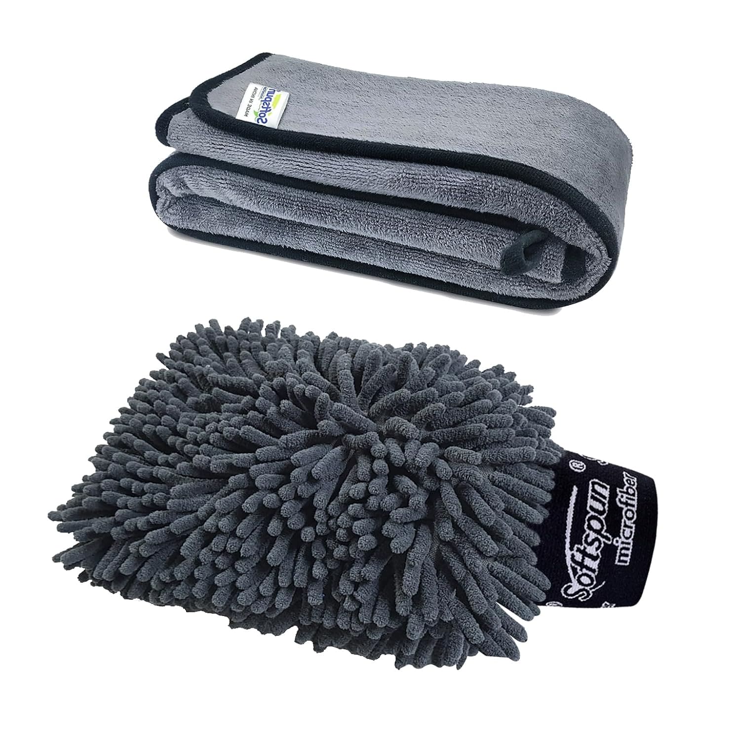 SOFTSPUN Microfiber Double-Side Gloves 1700 GSM with Towel 500 GSM Grey! Highly Absorbent Lint and Streak Free Multi -Purpose Wash Cloth for Kitchen Window Stainless Steel Silverware.