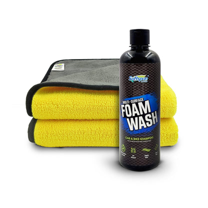 SOFTSPUN Microfiber 900gsm 2pcs 40x40cm Yellow+Grey + 500mL Car & Bike Premium Liquid Shampoo Combo | Extra Suds, Removes Tough Dirt & Grime | pH Neutral | Works with Bucket & Foam Cannon