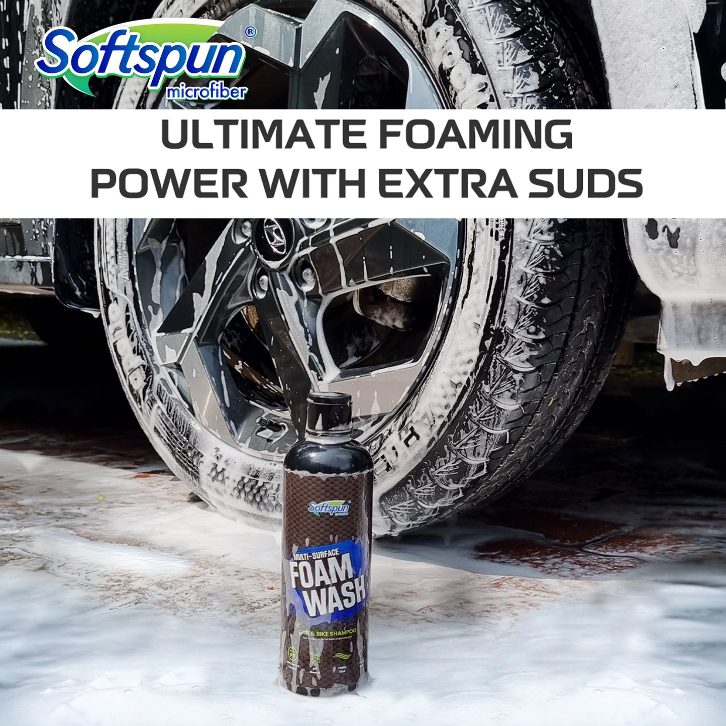 SOFTSPUN Microfiber 900gsm 2pcs 40x40cm Yellow+Grey + 500mL Car & Bike Premium Liquid Shampoo Combo | Extra Suds, Removes Tough Dirt & Grime | pH Neutral | Works with Bucket & Foam Cannon