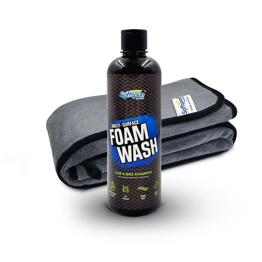 SOFTSPUN Essentials & Car Shampoo Combo | 500 gsm 35x75cm 1 Pc Grey+500mL Car & Bike Premium Liquid Shampoo | Thick Foam, Removes Tough Dirt & Grime | pH Neutral | Works with Bucket & Foam Cannon.