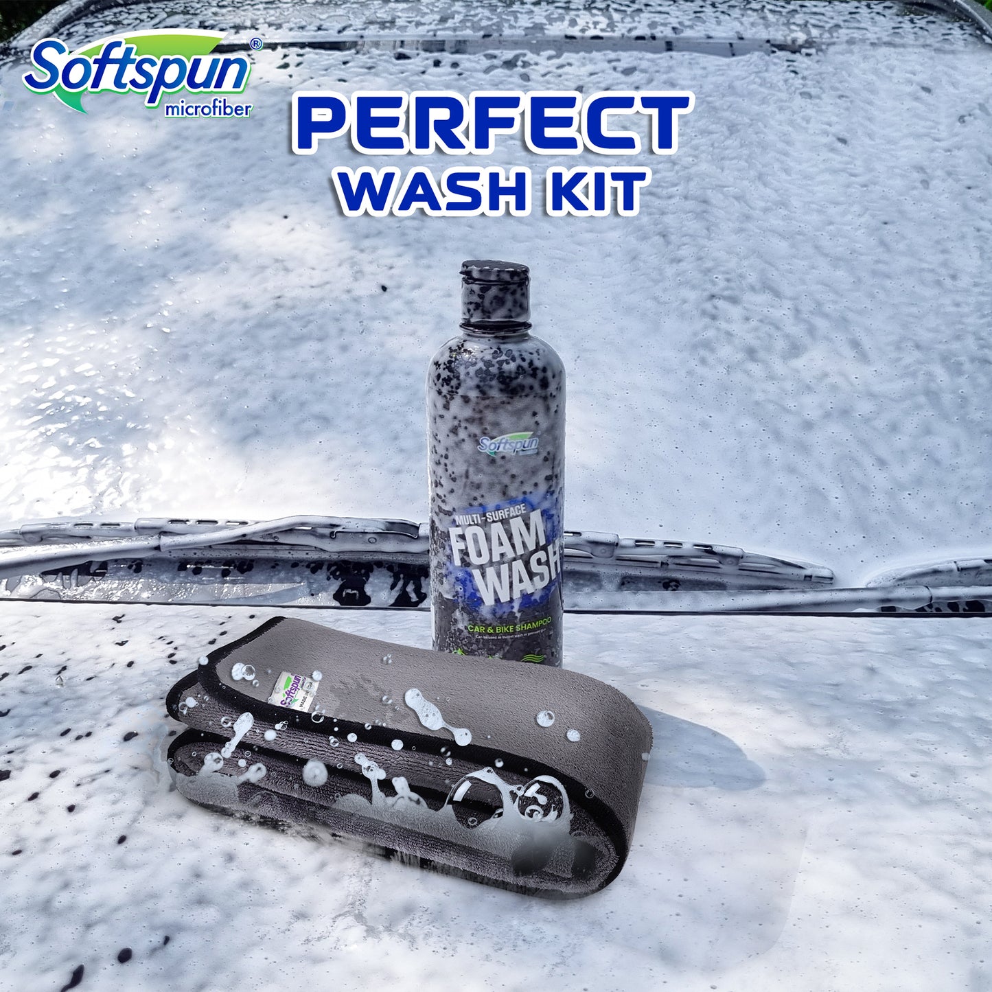 SOFTSPUN Essentials & Car Shampoo Combo | 500 gsm 35x75cm 1 Pc Grey+500mL Car & Bike Premium Liquid Shampoo | Thick Foam, Removes Tough Dirt & Grime | pH Neutral | Works with Bucket & Foam Cannon.