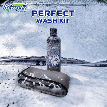 SOFTSPUN Essentials & Car Shampoo Combo | 500 gsm 35x75cm 1 Pc Grey+500mL Car & Bike Premium Liquid Shampoo | Thick Foam, Removes Tough Dirt & Grime | pH Neutral | Works with Bucket & Foam Cannon.