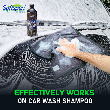 SOFTSPUN Essentials & Car Shampoo Combo | 500 gsm 35x75cm 1 Pc Grey+500mL Car & Bike Premium Liquid Shampoo | Thick Foam, Removes Tough Dirt & Grime | pH Neutral | Works with Bucket & Foam Cannon.