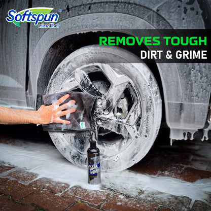 SOFTSPUN Essentials & Car Shampoo Combo | 500 gsm 35x75cm 1 Pc Grey+500mL Car & Bike Premium Liquid Shampoo | Thick Foam, Removes Tough Dirt & Grime | pH Neutral | Works with Bucket & Foam Cannon.