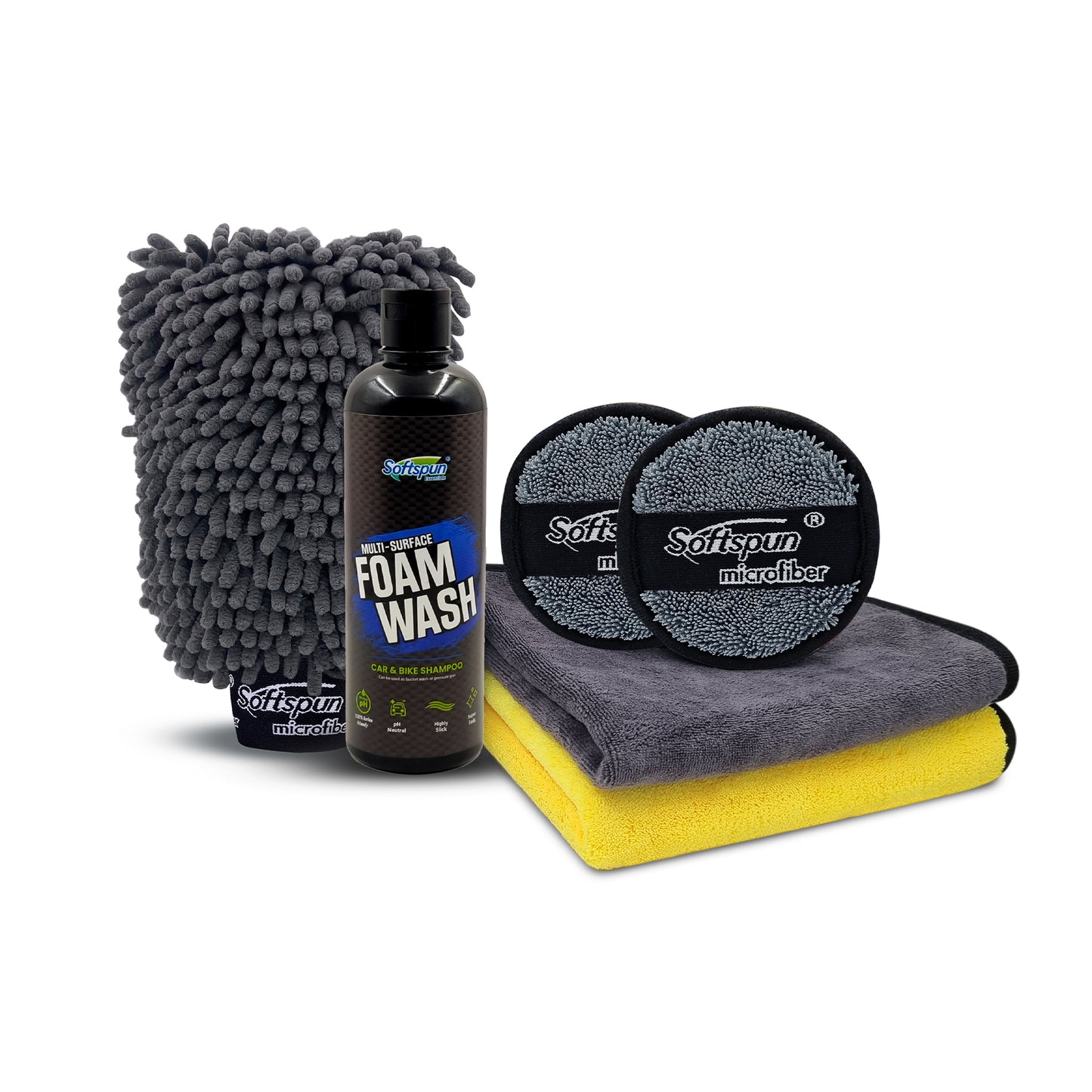 SOFTSPUN Microfiber 1pcs Grey 340gsm 40x40cm & 1700gsm 1 Glovs + 500mL Car & Bike Premium Liquid Shampoo Combo | Extra Suds, Removes Tough Dirt & Grime | pH Neutral | Works with Bucket & Foam Cannon
