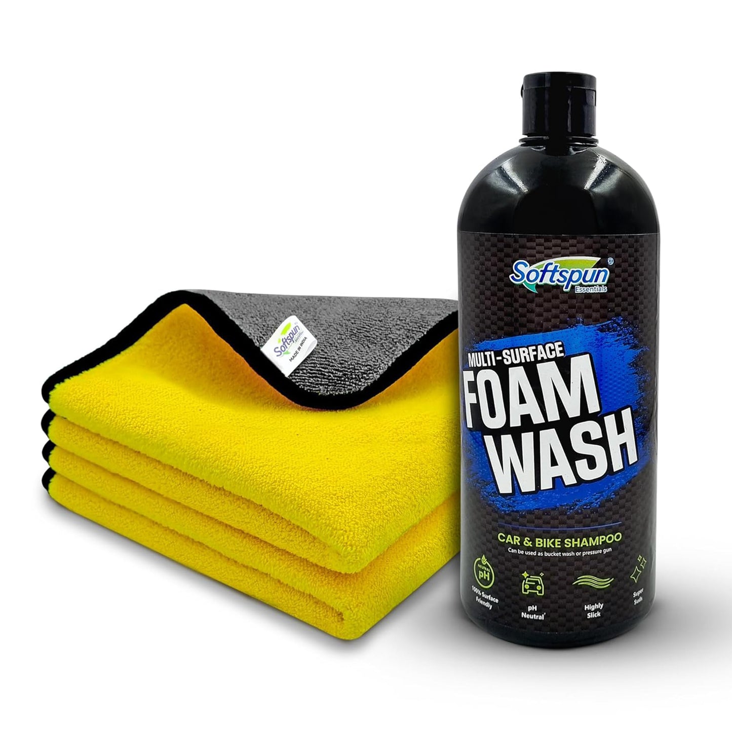 SOFTSPUN Microfiber 600gsm 2pcs Yellow+Grey 40x40cm + 1L Car & Bike Premium Liquid Shampoo Combo | Extra Suds, Removes Tough Dirt & Grime | pH Neutral | Works with Bucket & Foam Cannon