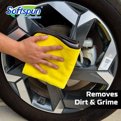 SOFTSPUN Microfiber 600gsm 2pcs Yellow+Grey 40x40cm + 1L Car & Bike Premium Liquid Shampoo Combo | Extra Suds, Removes Tough Dirt & Grime | pH Neutral | Works with Bucket & Foam Cannon