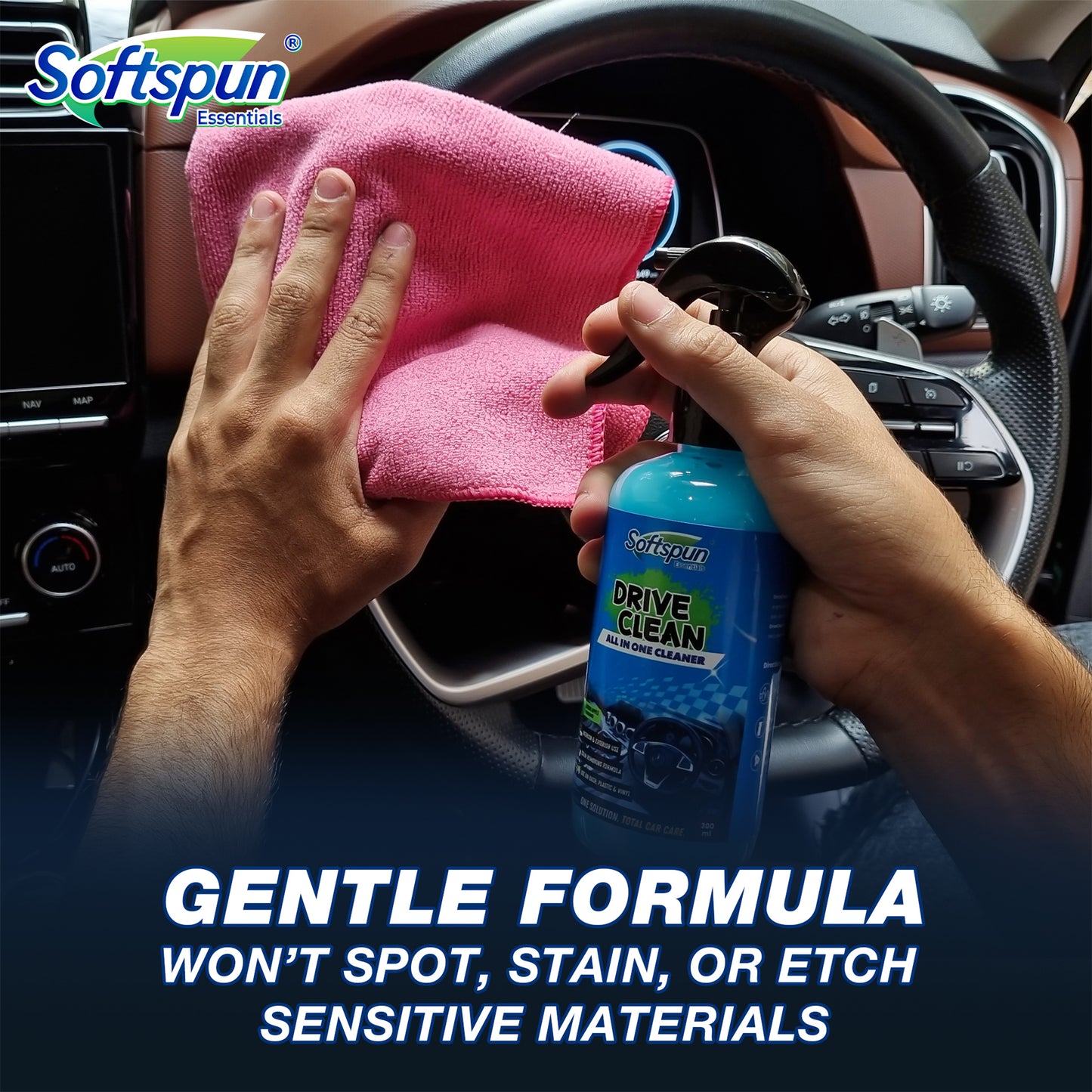 SOFTSPUN Essentials All In One Cleaner, Multipurpose Polish & Shine Spray – 300ml, For Car & Bike, Plastic, chrome & Dashboard, Odor Remover, Long lasting Shine & Protection, Easy-to-Use All Surface