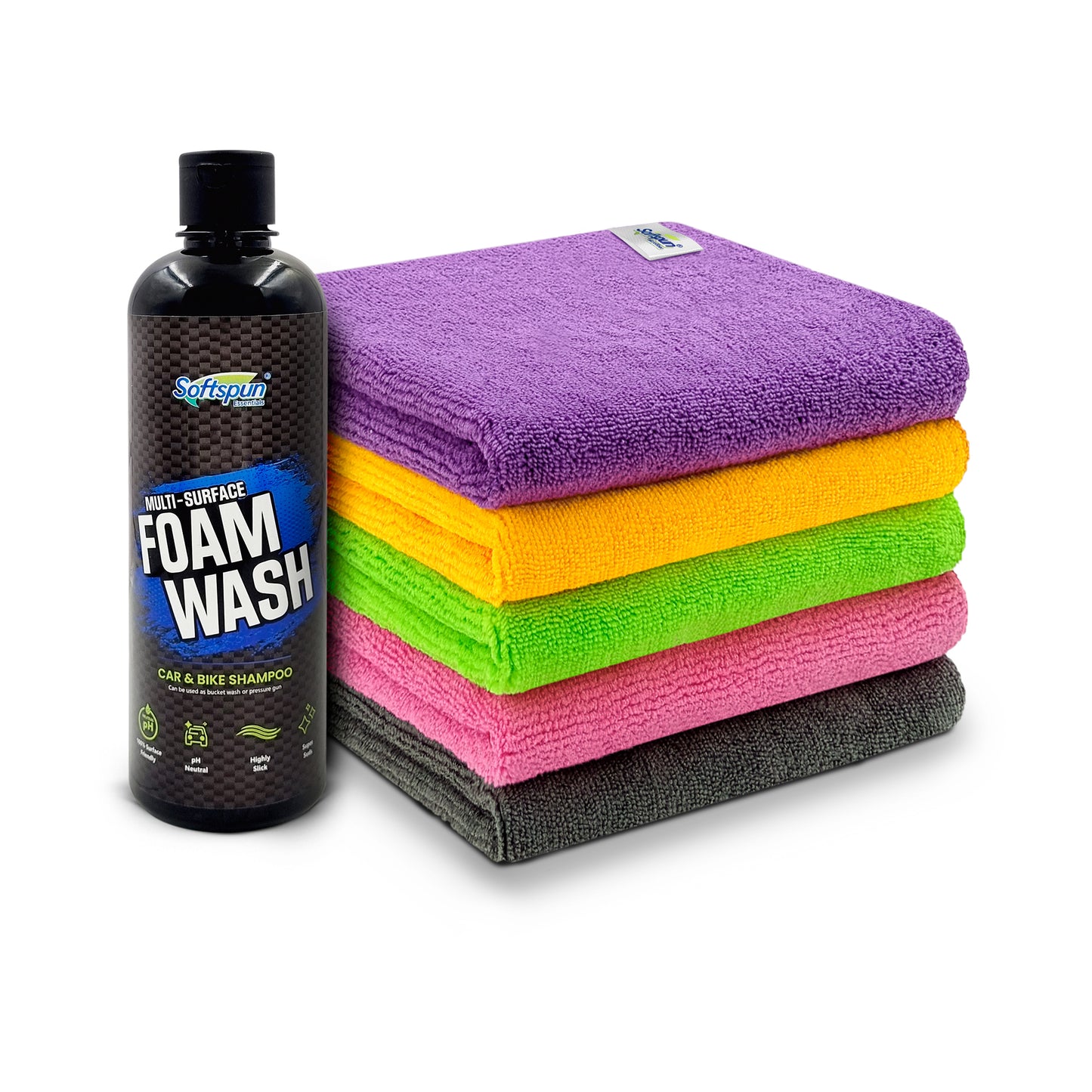 SOFTSPUN Microfiber 340gsm 5pcs 40x40cm Multicolor + 500mL Car & Bike Premium Liquid Shampoo Combo | Extra Suds, Removes Tough Dirt & Grime | pH Neutral | Works with Bucket & Foam Cannon