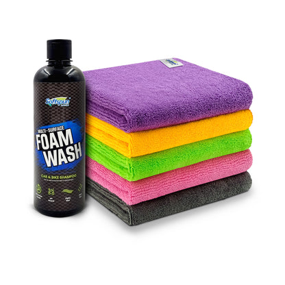 SOFTSPUN Microfiber 340gsm 5pcs 40x40cm Multicolor + 500mL Car & Bike Premium Liquid Shampoo Combo | Extra Suds, Removes Tough Dirt & Grime | pH Neutral | Works with Bucket & Foam Cannon