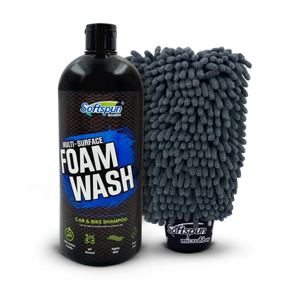 SOFTSPUN Essentials 1Ltr Car & Bike pH Neutral Premium Liquid Shampoo+1700gsm 1pc Double Side Glove Grey Combo | Extra Suds, Removes Tough Dirt & Grime | Works with Bucket & Foam Cannon