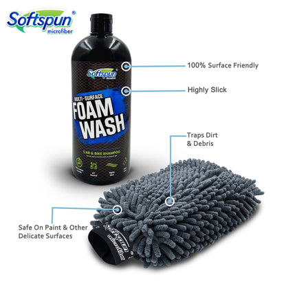 SOFTSPUN Essentials 1Ltr Car & Bike pH Neutral Premium Liquid Shampoo+1700gsm 1pc Double Side Glove Grey Combo | Extra Suds, Removes Tough Dirt & Grime | Works with Bucket & Foam Cannon