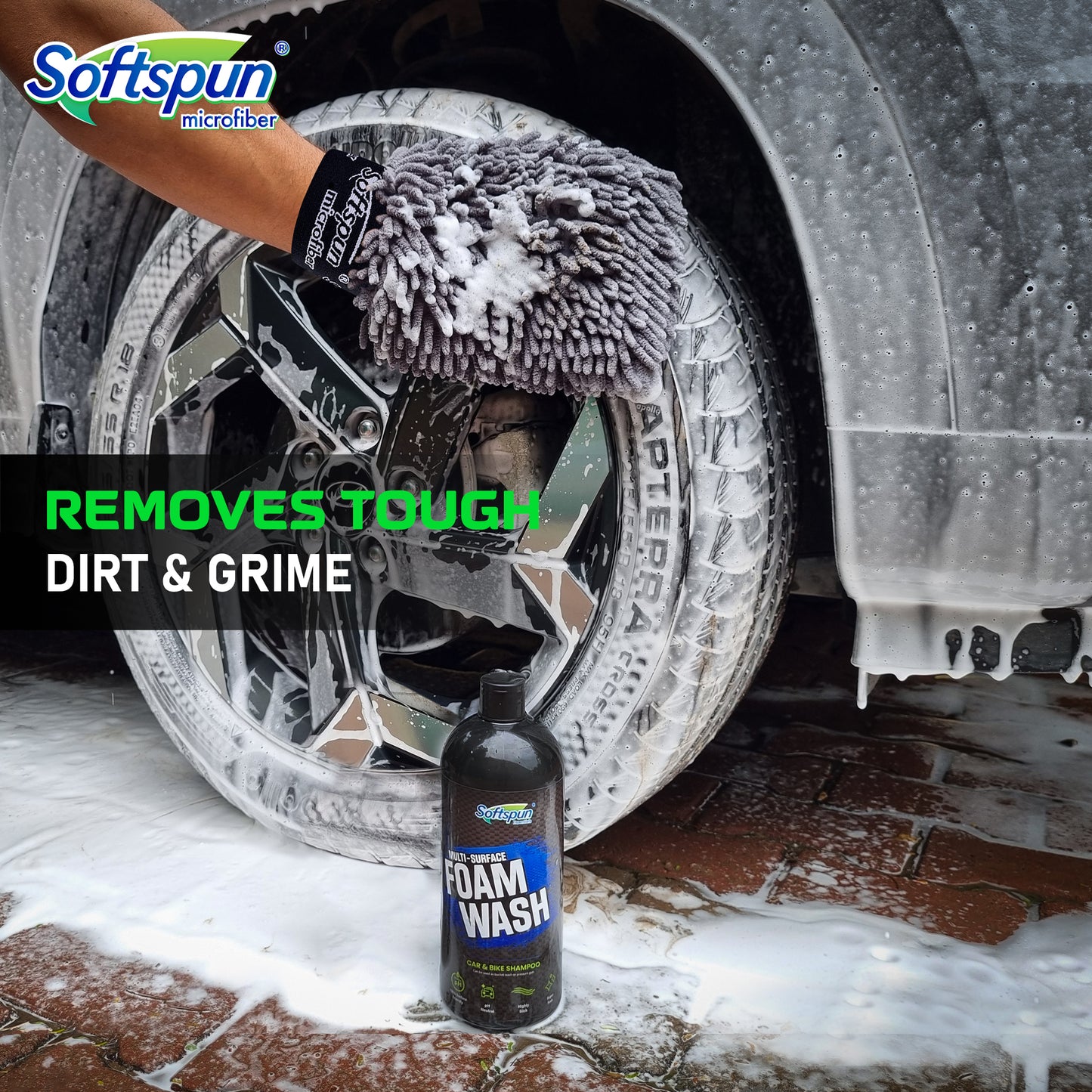 SOFTSPUN Essentials 1Ltr Car & Bike pH Neutral Premium Liquid Shampoo+1700gsm 1pc Double Side Glove Grey Combo | Extra Suds, Removes Tough Dirt & Grime | Works with Bucket & Foam Cannon