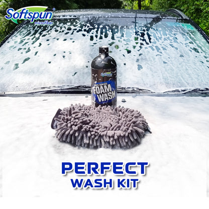 SOFTSPUN Essentials 1Ltr Car & Bike pH Neutral Premium Liquid Shampoo+1700gsm 1pc Double Side Glove Grey Combo | Extra Suds, Removes Tough Dirt & Grime | Works with Bucket & Foam Cannon