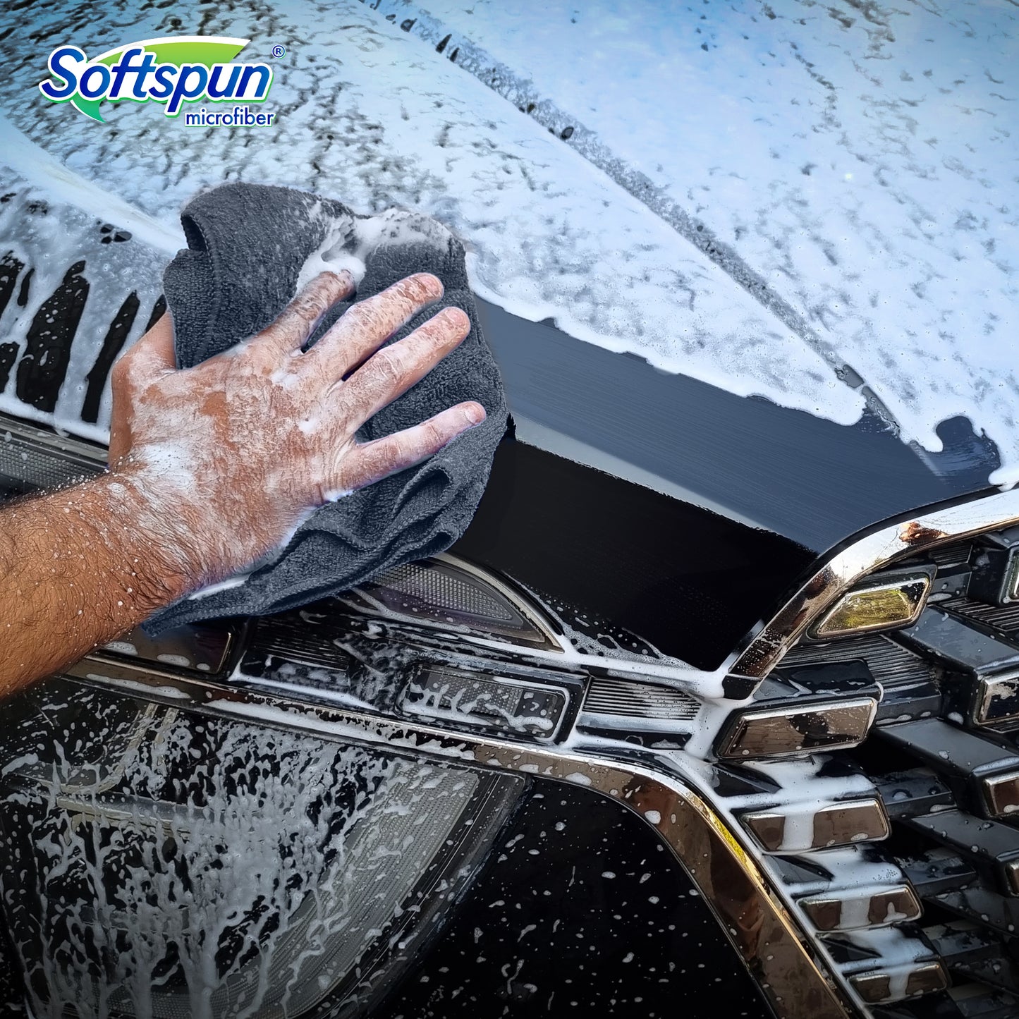 SOFTSPUN Microfiber 1pcs Grey 40x40cm 340gsm & 1 Glovs 1700gsm + 500mL Car & Bike Premium Liquid Shampoo Combo | Extra Suds, Removes Tough Dirt & Grime | pH Neutral | Works with Bucket & Foam Cannon