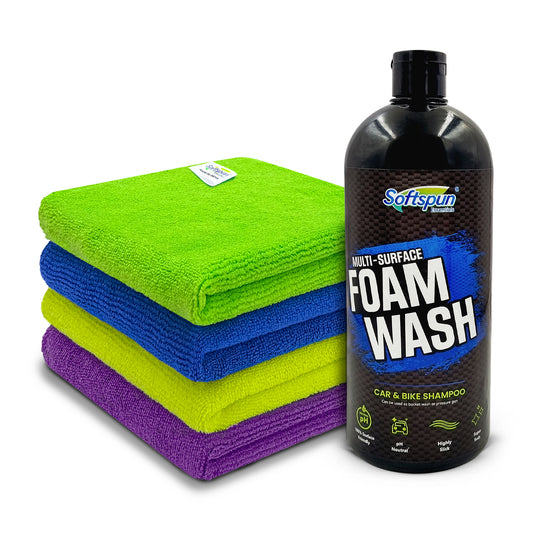 SOFTSPUN Microfiber 340gsm 4pcs Multicolor 40x40cm + 1L Car & Bike Premium Liquid Shampoo Combo | Extra Suds, Removes Tough Dirt & Grime | pH Neutral | Works with Bucket & Foam Cannon